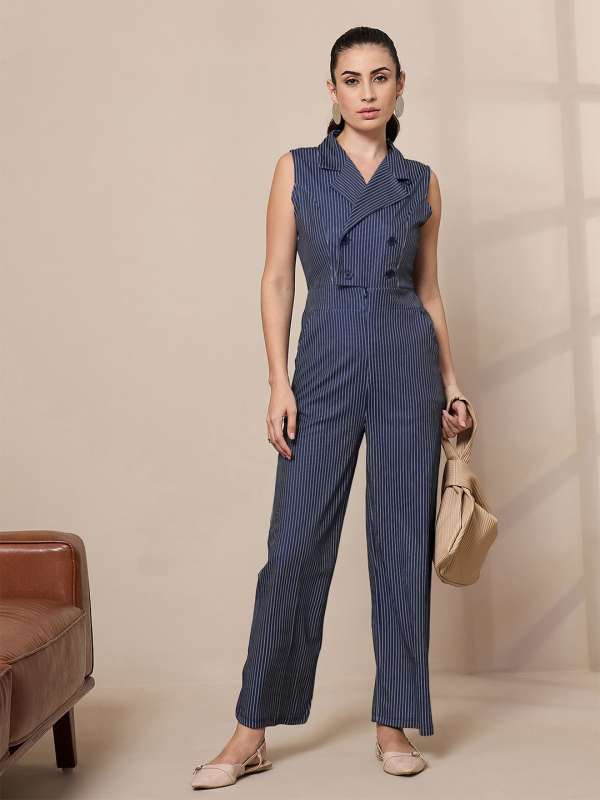 Navy blue and white striped jumpsuit sales