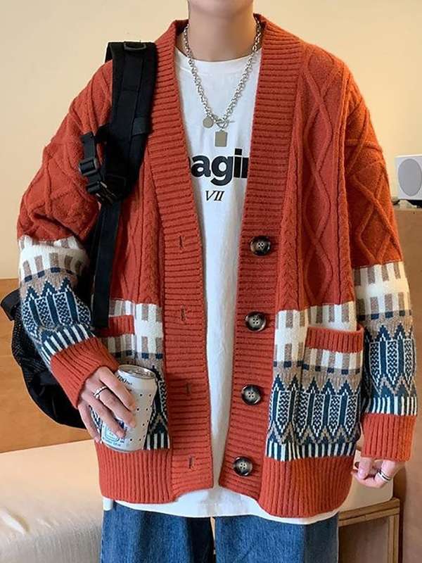 Mens orange cardigan sweater clearance