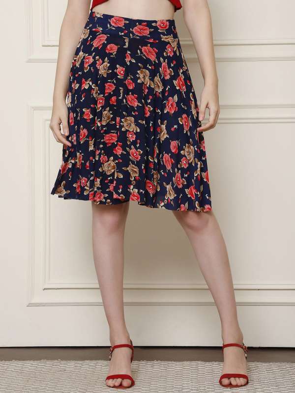 Blue Floral Printed Flared Knee Length Skirt Buy Blue Floral Printed Flared Knee Length Skirt online in India