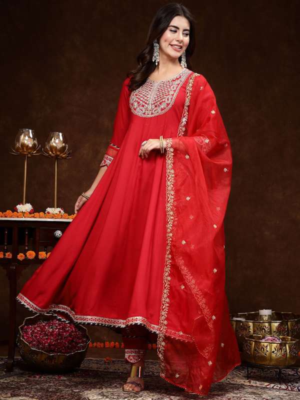Red cotton anarkali suit best sale