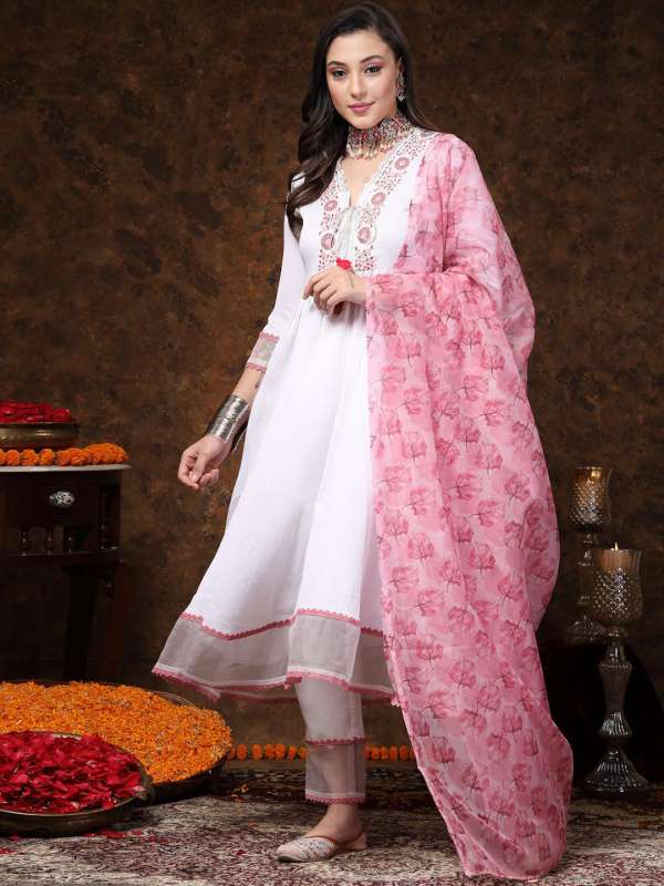 Off white suit with pink dupatta top