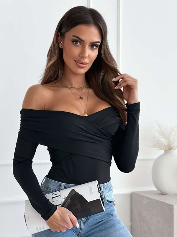 black fitted bardot top