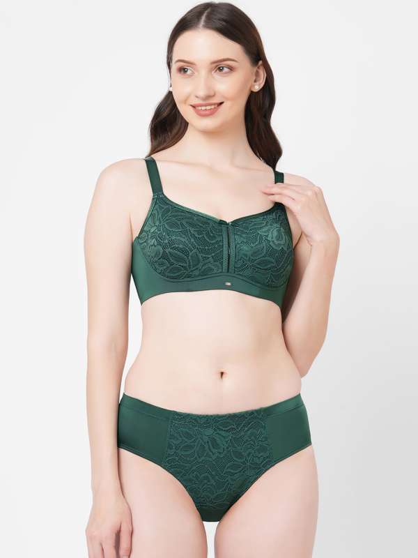 BRACHY Women Green Self Design Bra and Underwear Set - Night Dress