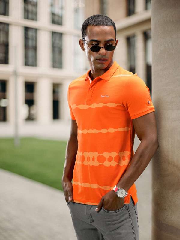 Basics Orange Printed Polo Collar Tshirts Buy Basics Orange