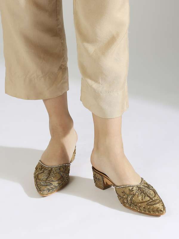 Gold block heel clearance mules