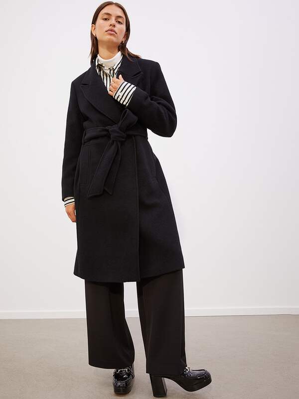 discount 53% Mango Long coat Black/White M WOMEN FASHION Coats Long coat Knitted 