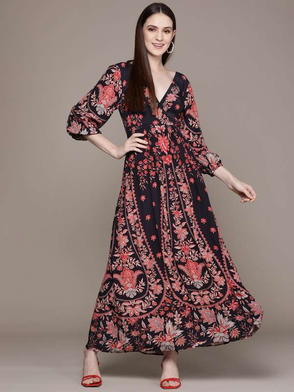 Buy Black Floral Print Long Dress Online - Ritu Kumar