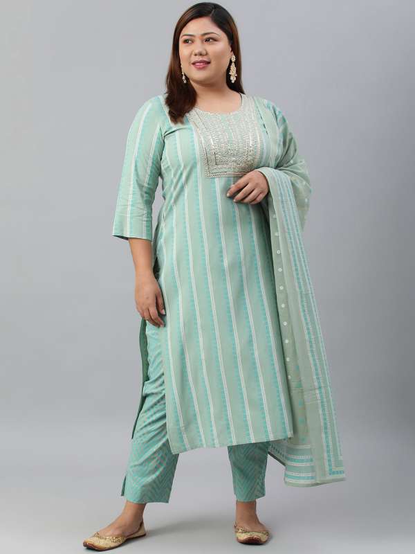 Buy HOUSE OF PAAVAY Mint Kurti Set with Shawl Colour - Pastel Green, 3XL at