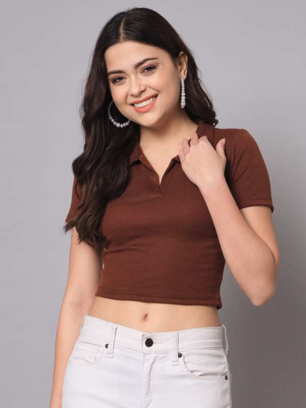 Buy Stylish Cotton Brown Brinted Short Tops for Women Online