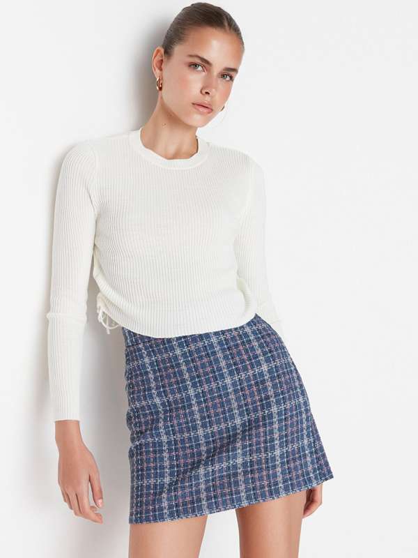 Blue Checked Pencil Skirt Buy Blue Checked Pencil Skirt online