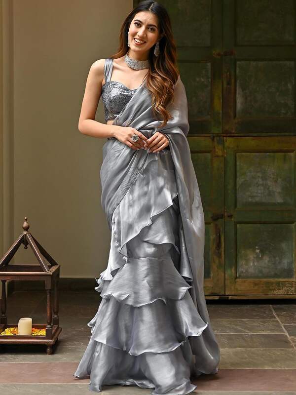 Buy Glam Silver Ready-To-Wear Saree With Embroidered Blouse