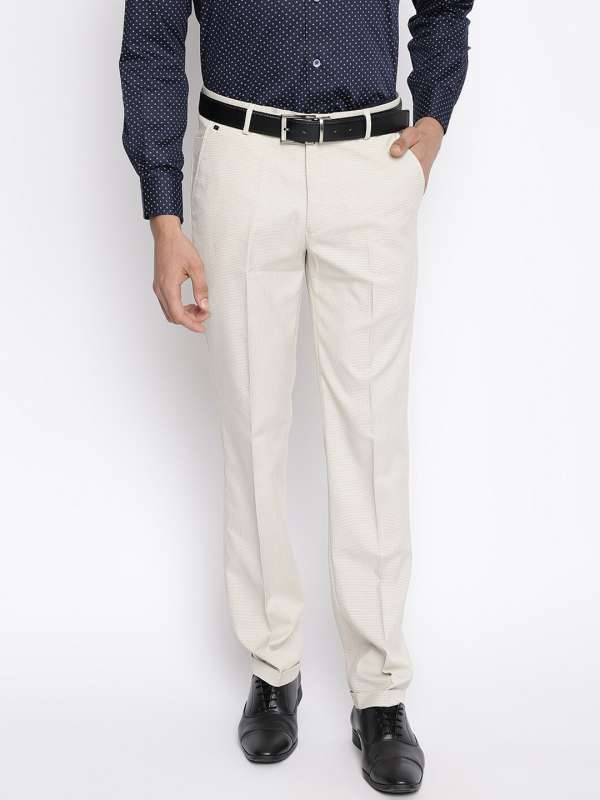 Men Beige Regular Fit Self Design Formal Trousers - Buy Men Beige