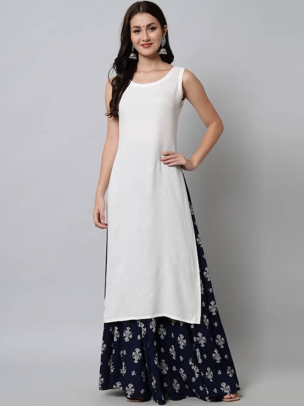 Blue kurti and white skirt with foil embroidery work - Kurti Fashion-thanhphatduhoc.com.vn