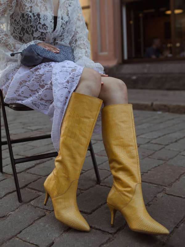 Yellow knee high boots on sale