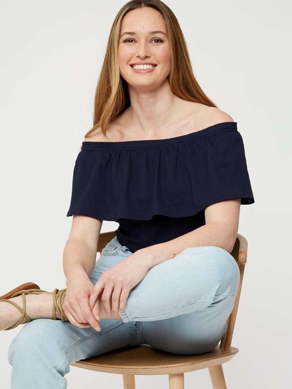 Dorothy Perkins Blue Solid Layered Bardot Top 6876458.htm Buy