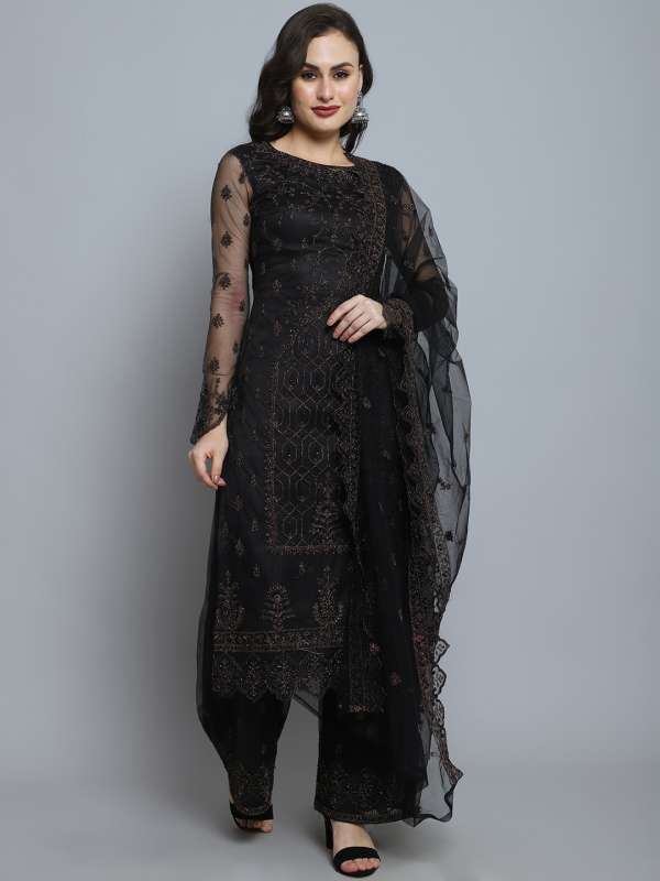 Black Net Embroidered Dress Material - Buy Black Net Embroidered