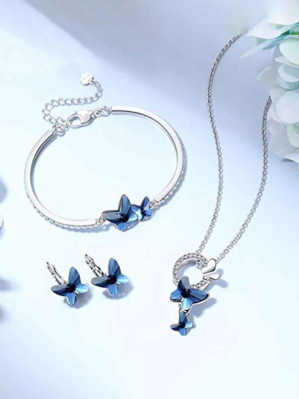Silver necklace earrings bracelet set on sale