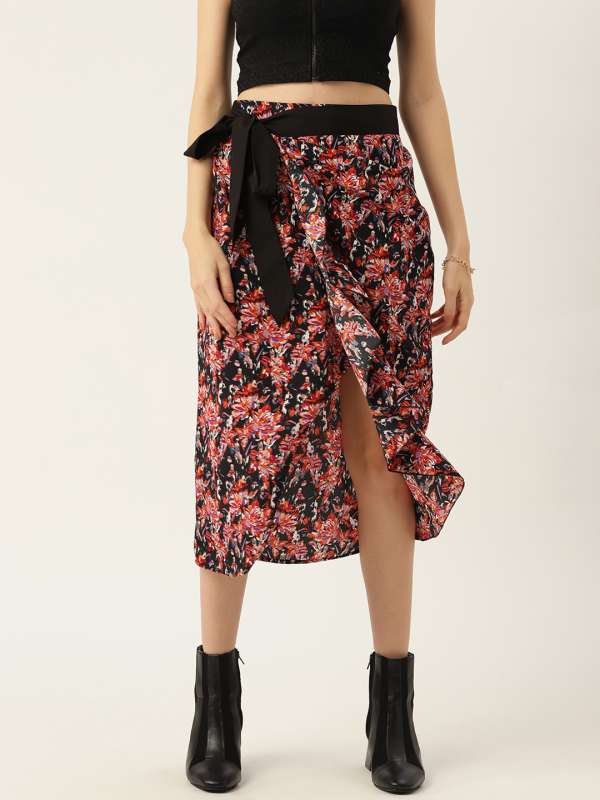 Black Floral Wrap Skirt