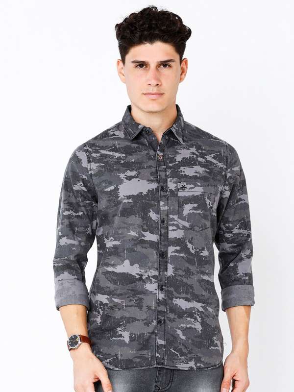 YYDGH Men's Camouflage Denim Shirt Camo Washed Military Long Sleeve Shirts  Button Down Hunting Printed Cargo Shirt Tops(Khaki,M)