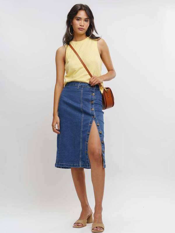 Jean Skirt for Women Fashion Casual High Waist Solid Button Denim Jean Midi  Skirt Slim Jean Skirts 