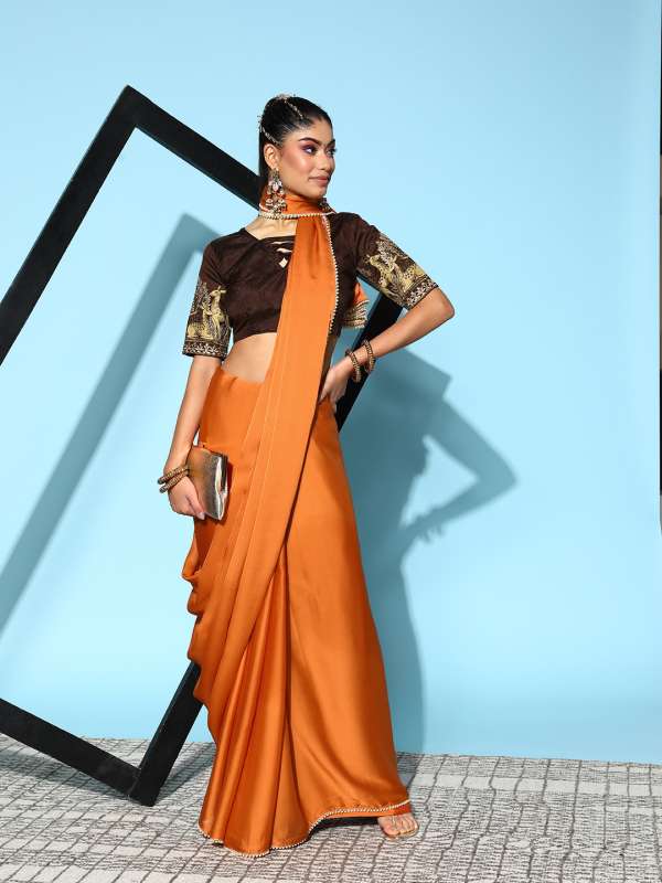 Orange colour party wear saree shop