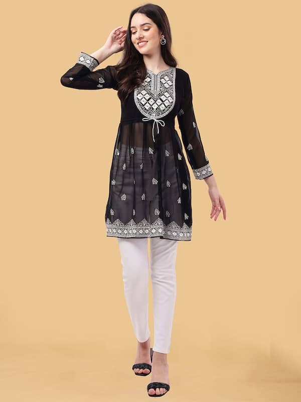 Buy online Ada Hand Embroidered Black & Silver Cotton Lucknow Chikankari  Kurta from Kurta Kurtis for Women by Ada for ₹1289 at 0% off | 2023  Limeroad.com