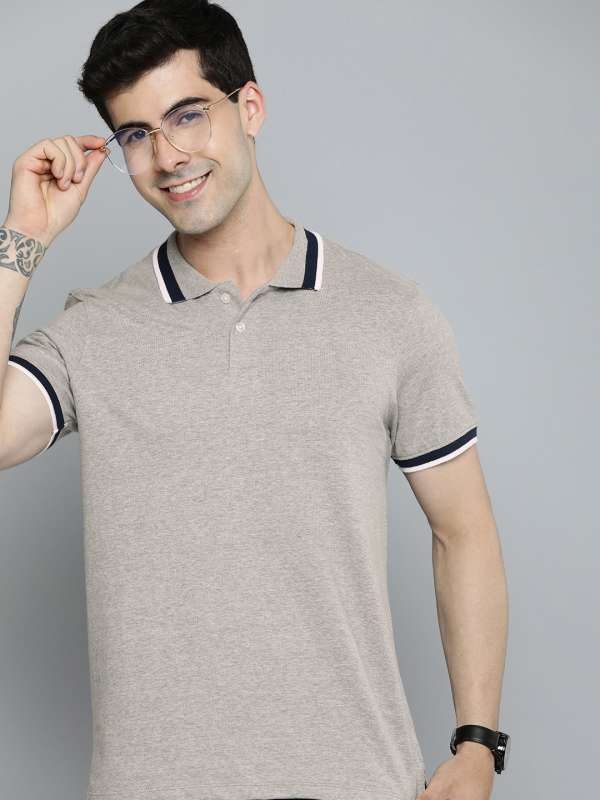 Buy Men Grey Solid Polo Neck T-shirt Online - 746174