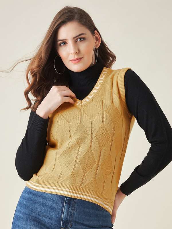 Rib-knit Sweater Vest - Beige/black - Ladies