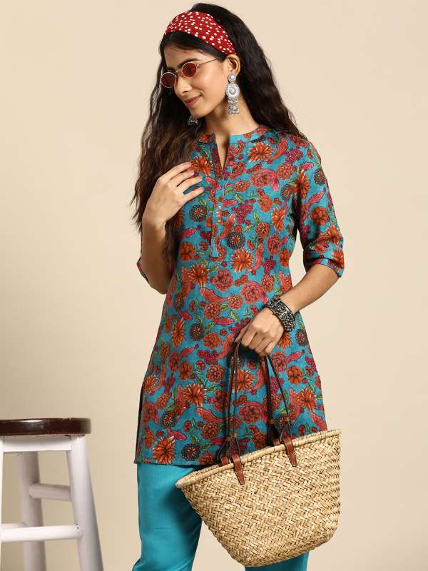 Blue Cotton Party Wear Kurti with White Trouser -