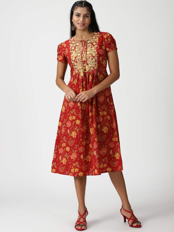 Buy Popnetic Off White & Brown Floral Printed Cotton A Line Dress - Dresses  for Women 7779617 | Myntra
