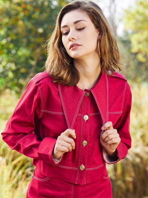 Maroon jeans jacket shop