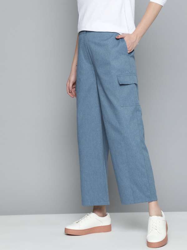 Buy Women Blue Solid Chambray Parallel Trousers online  Looksgudin