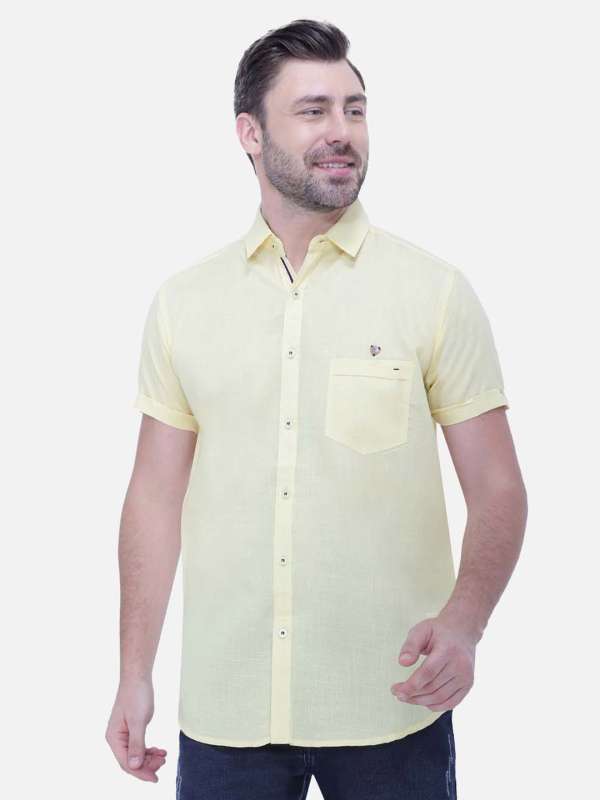 Buy Soft Yellow Half Sleeves Cotton Linen Shirt For Men's