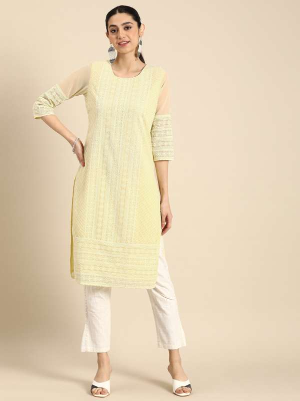 Anouk Kurtis Women Yellow Embroidered Kurtas Buy Anouk Kurtis Women Yellow Embroidered Kurtas online in India