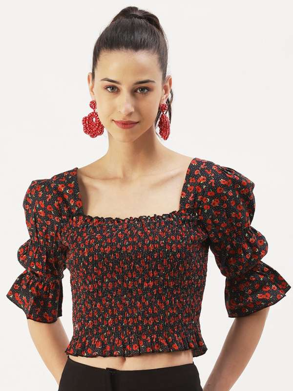 Buy RED V-NECK 3/4TH LANTERN SLEEVE CROP TOP for Women Online in India