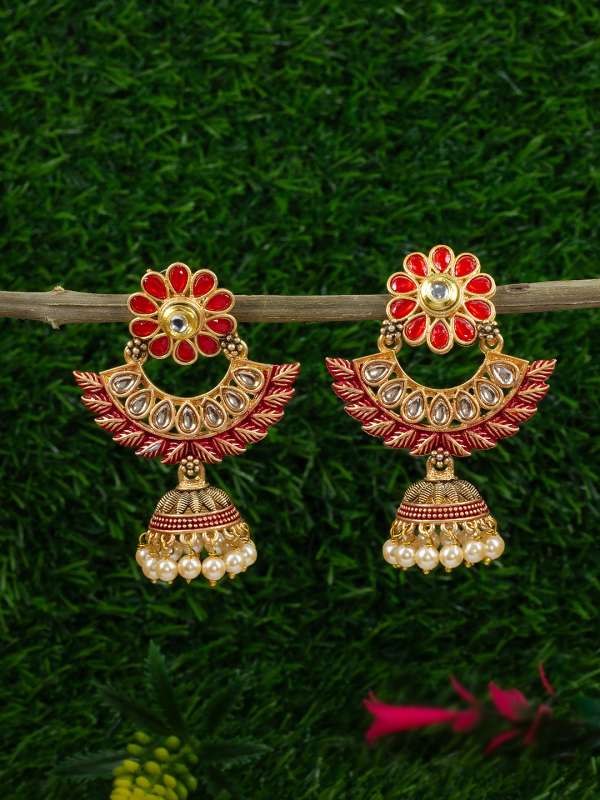 Red jhumka earrings online discount