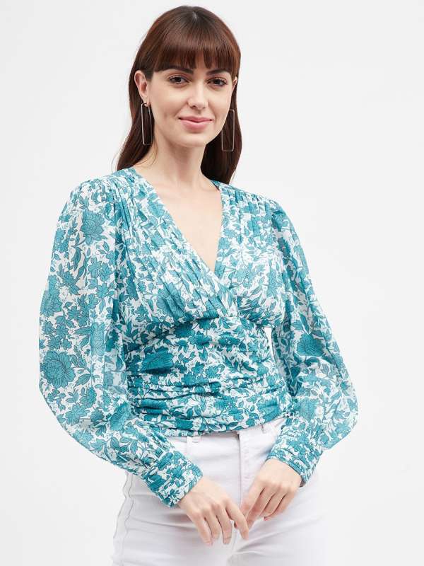 Harpa Women Blue Floral Print Smocked Chiffon Cinched Waist Crop Top -  Price History