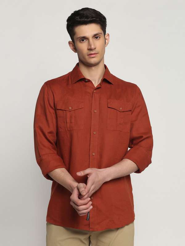 Light Brown Striped Slim Fit Shirt in Pure Linen