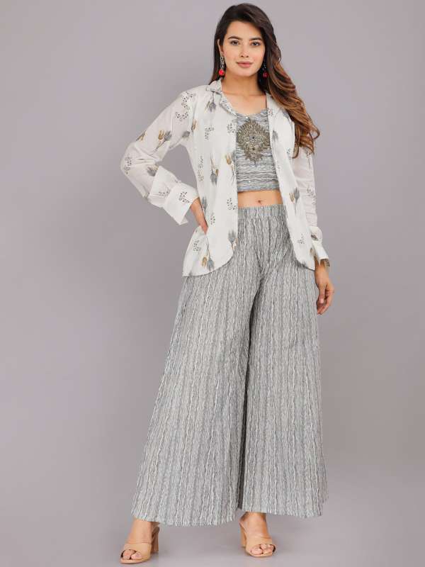 Mauve zig zag printed crop top and flared palazzo with jacket - Set Of  Three by Rivaaj