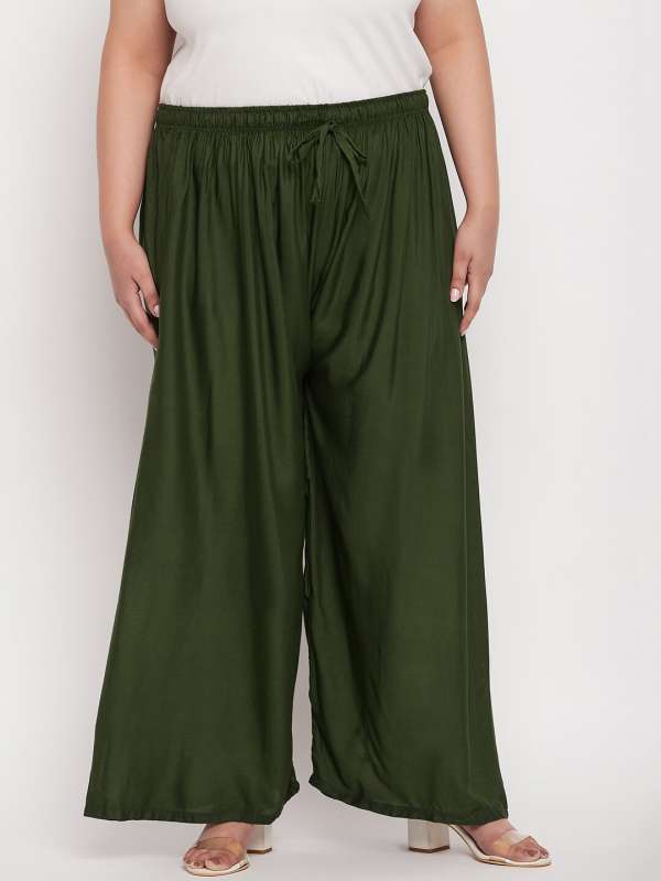 Silk Plain Women Olive Green Smart Flared Self Design Parallel Trousers,  Size: 28 To 36