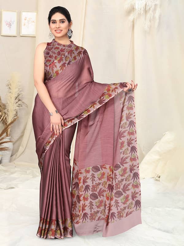 Women Plain Weave Chiffon Maple Leaf Border Pallu Printed Saree with Blouse  Piece – Mirchi Fashion