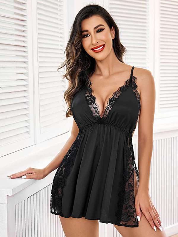 Lace Plunge Bra & Panty Baby Doll Nightwear Dress with Adjustable Straps at  Rs 120/set, Baby Doll Dress in Delhi