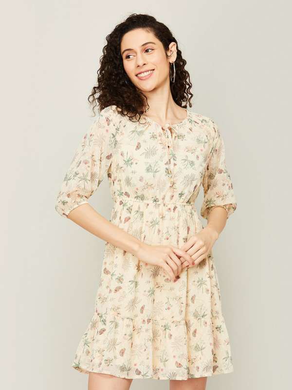Code By Lifestyle Beige Printed Fit And Flare Dress - Buy Code By Lifestyle  Beige Printed Fit And Flare Dress online in India
