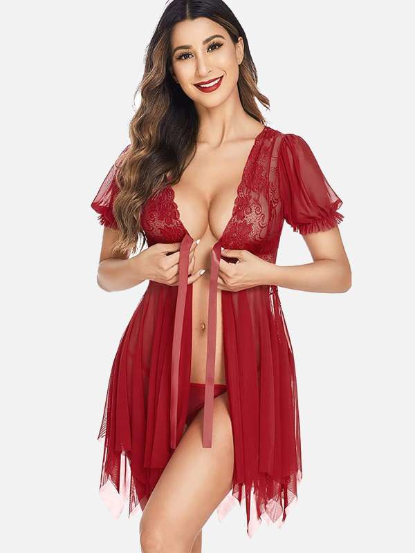 Special Combo Offer!! Pack of 2!! Nightwear Dress Babydoll Women's  Polyester Spandex & Lace Floral Above Knee Baby Doll Sexy Honeymoon Dress  Bra Panty