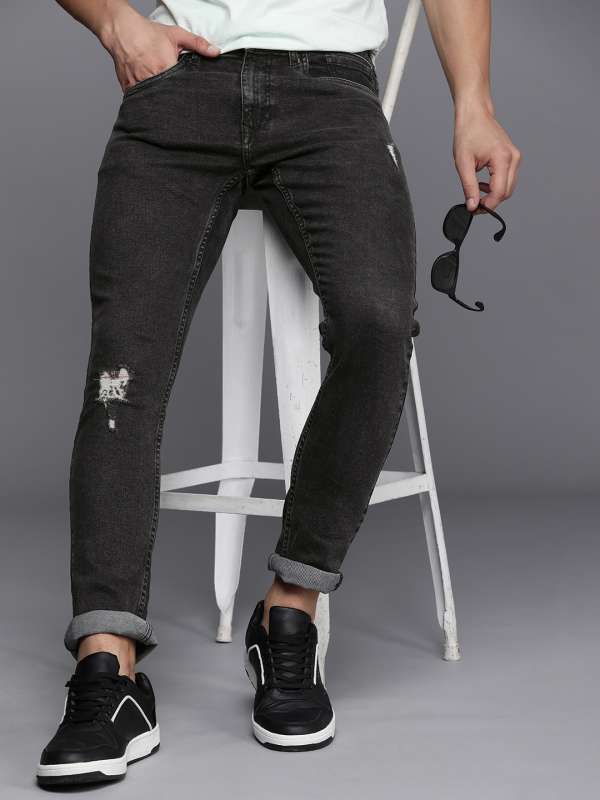 Men's Fashion Distressed Ripped Jeans Moto Black Denim PaFJKs Slim