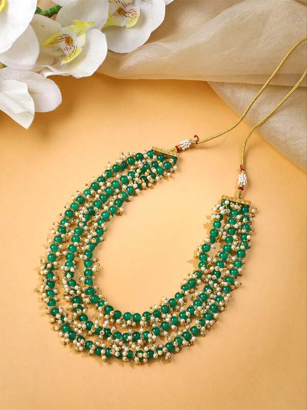 Green Stone Studded Layered Necklace Set 514JW20