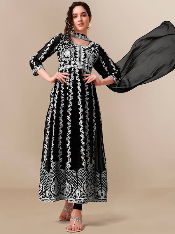 Black chikankari short kurti /gown georgette women - Chikankari Kurtis-mncb.edu.vn