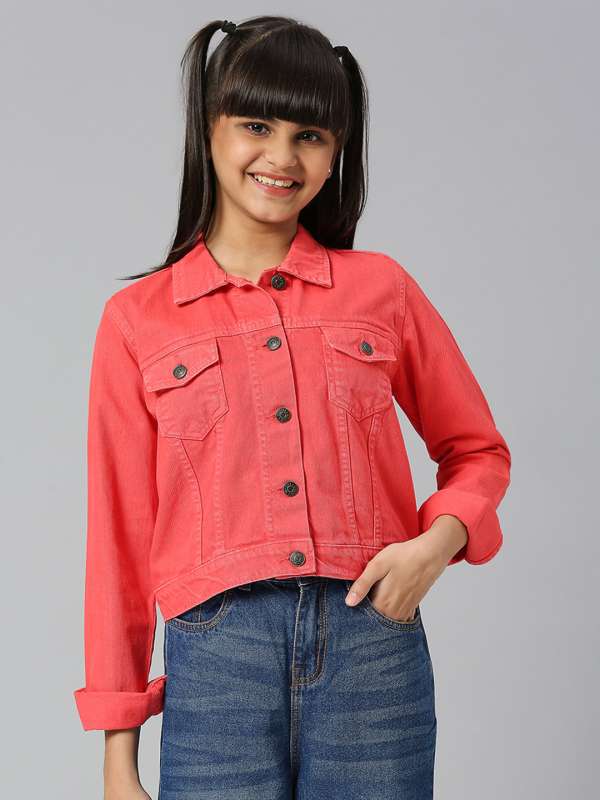 Red jean jacket cropped hotsell