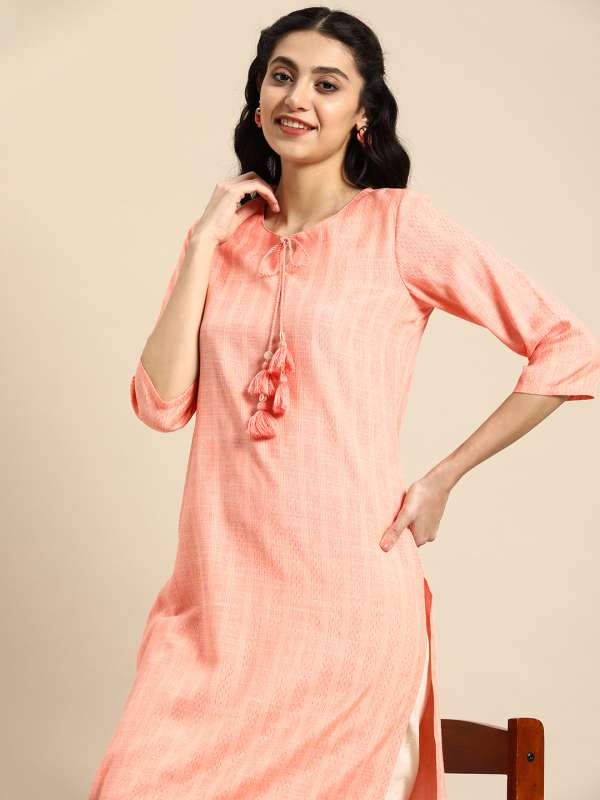 Plain Solid Peach Color Cotton Kurti - Dipsha - 2858387