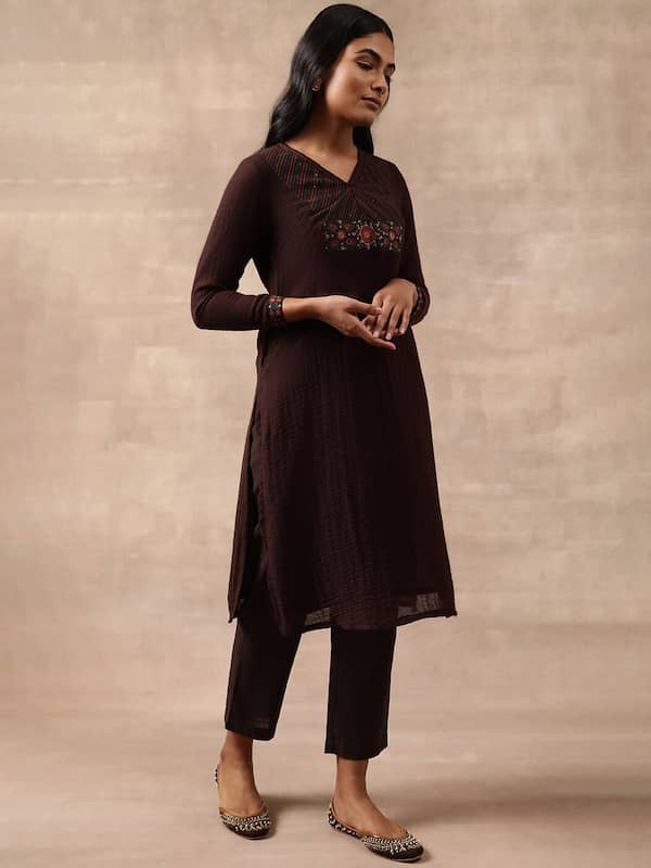 Buy Dark Brown Chanderi Kurta with Stitching Details Online at Jayporecom